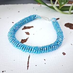 Blue Beaded Rope Bracelet, Seed Bead Jewelry, 8.5"